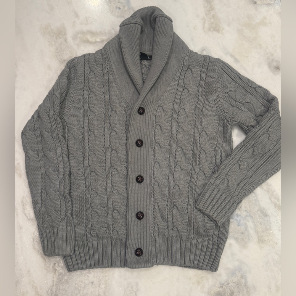 Cali Holi Men’s Cable Knit Shawl Collar Cardigan Sweater Gray XL Preppy Grey